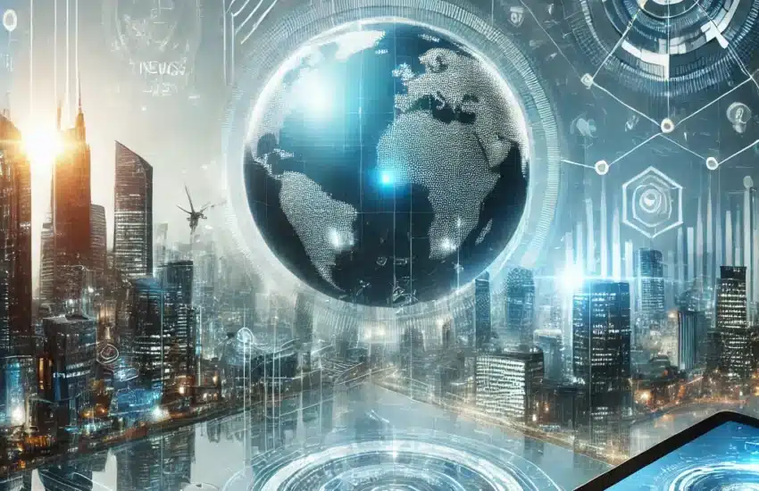 Futuristic cityscape with digital interfaces, gadgets like smartphones and laptops, and a glowing globe symbolizing global tech connectivity, representing the latest trends and insights from News JotechGeeks.