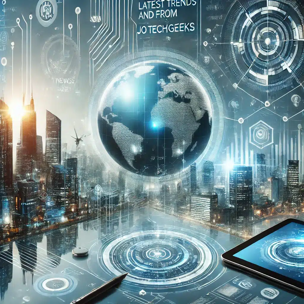 Futuristic cityscape with digital interfaces, gadgets like smartphones and laptops, and a glowing globe symbolizing global tech connectivity, representing the latest trends and insights from News JotechGeeks.