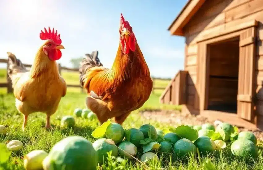 Chickens are enjoying a farm where Brussels sprouts are grown, which are nutritious but should be given in moderation to prevent thyroid complications.