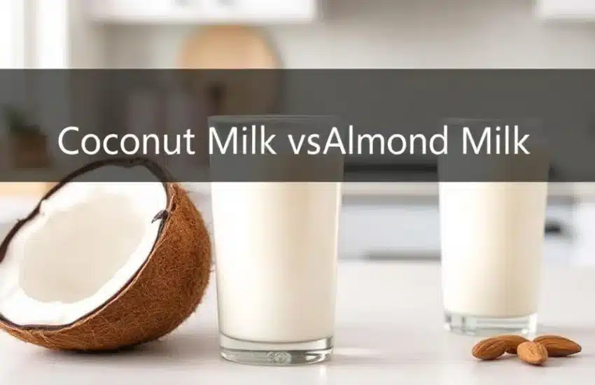 Infographic comparing coconut milk and almond milk, detailing calories, fat content, flavor, and their uses in cooking and beverages.