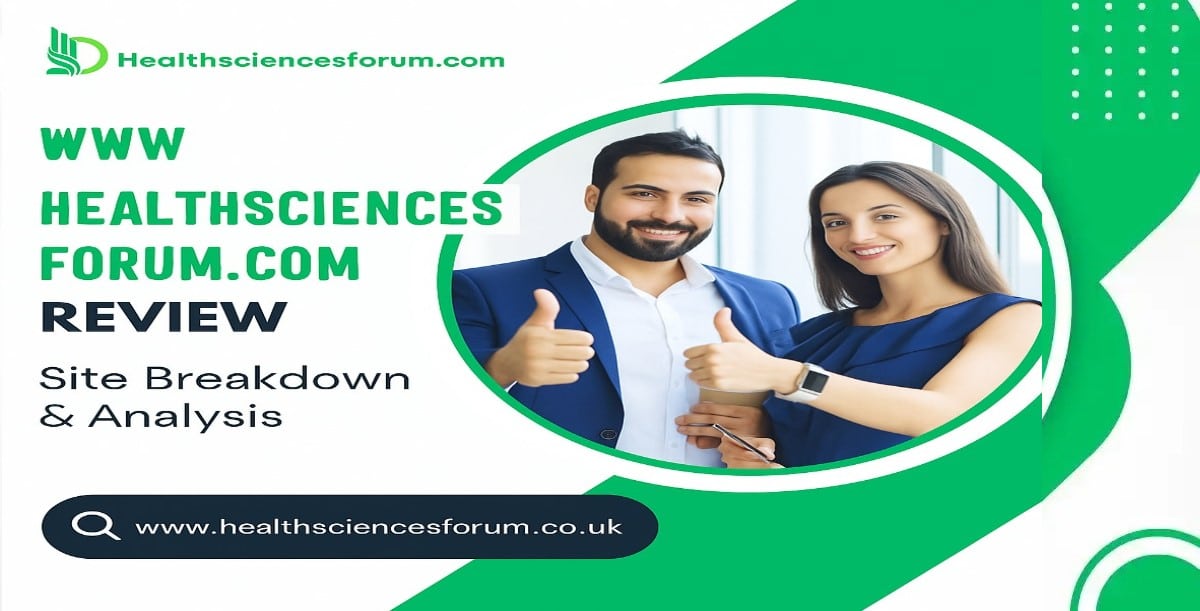 Promotional graphic for HealthSciencesForum.com review featuring a smiling man and woman giving thumbs-up, with green and white branding and website URL.
