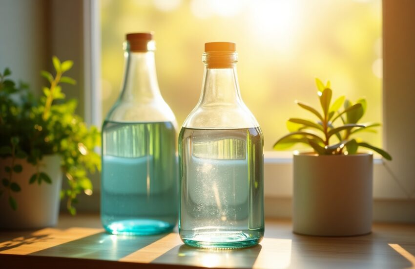 Two colored glass bottles of water on a windowsill, representing solarized water therapy for holistic wellness.